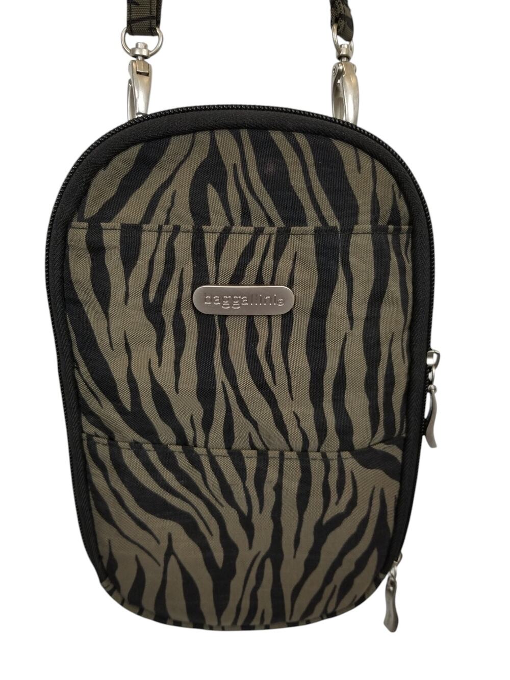Baggallini Army Olive Green Black Zebra Striped Nylon Crossbody Bag